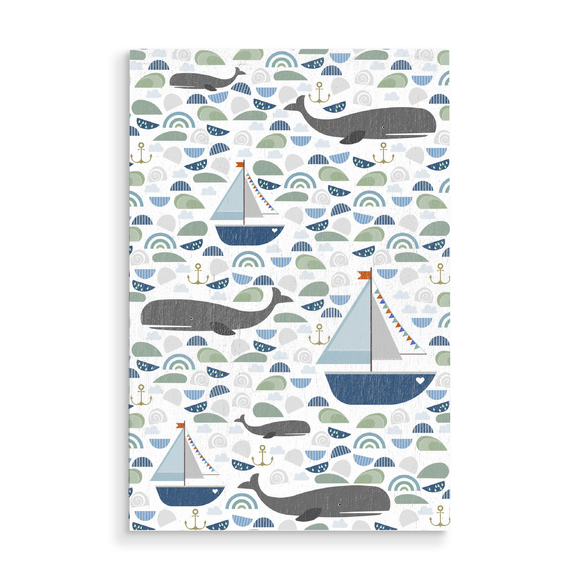 Holzbild "Like a fish in the sea" artboxONE - Tiere,Unterwasser - Wal,Blauwal,Unterwasser,Muster,Whales,Fische,Wellen,Boot,Segelboot,Wasser