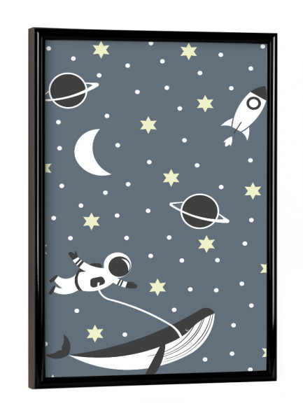 Poster mit schwarzem Rahmen "Happy astronaut" artboxONE - Für Kinder,Schwarzweiß - Astronaut,Weltall,Wal,Fliegen,Space,Sterne,Planeten,Kinderzimmer