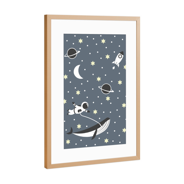 Poster mit Rahmen Kupfer "Happy astronaut" artboxONE - Für Kinder,Schwarzweiß - Astronaut,Weltall,Wal,Fliegen,Space,Sterne,Planeten,Kinderzimmer