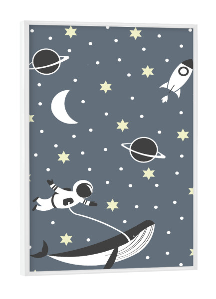 Poster mit weißem Rahmen "Happy astronaut" artboxONE - Für Kinder,Schwarzweiß - Astronaut,Weltall,Wal,Fliegen,Space,Sterne,Planeten,Kinderzimmer