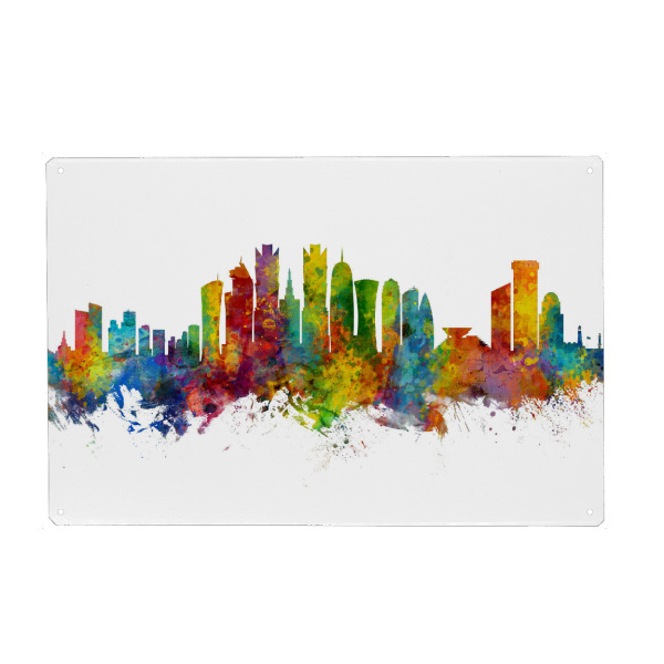 Holzbild "Doha Qatar Skyline" artboxONE - Städte - Doha,Qatar,Skyline,Cityscape,Painting,Watercolour,Stadtbild