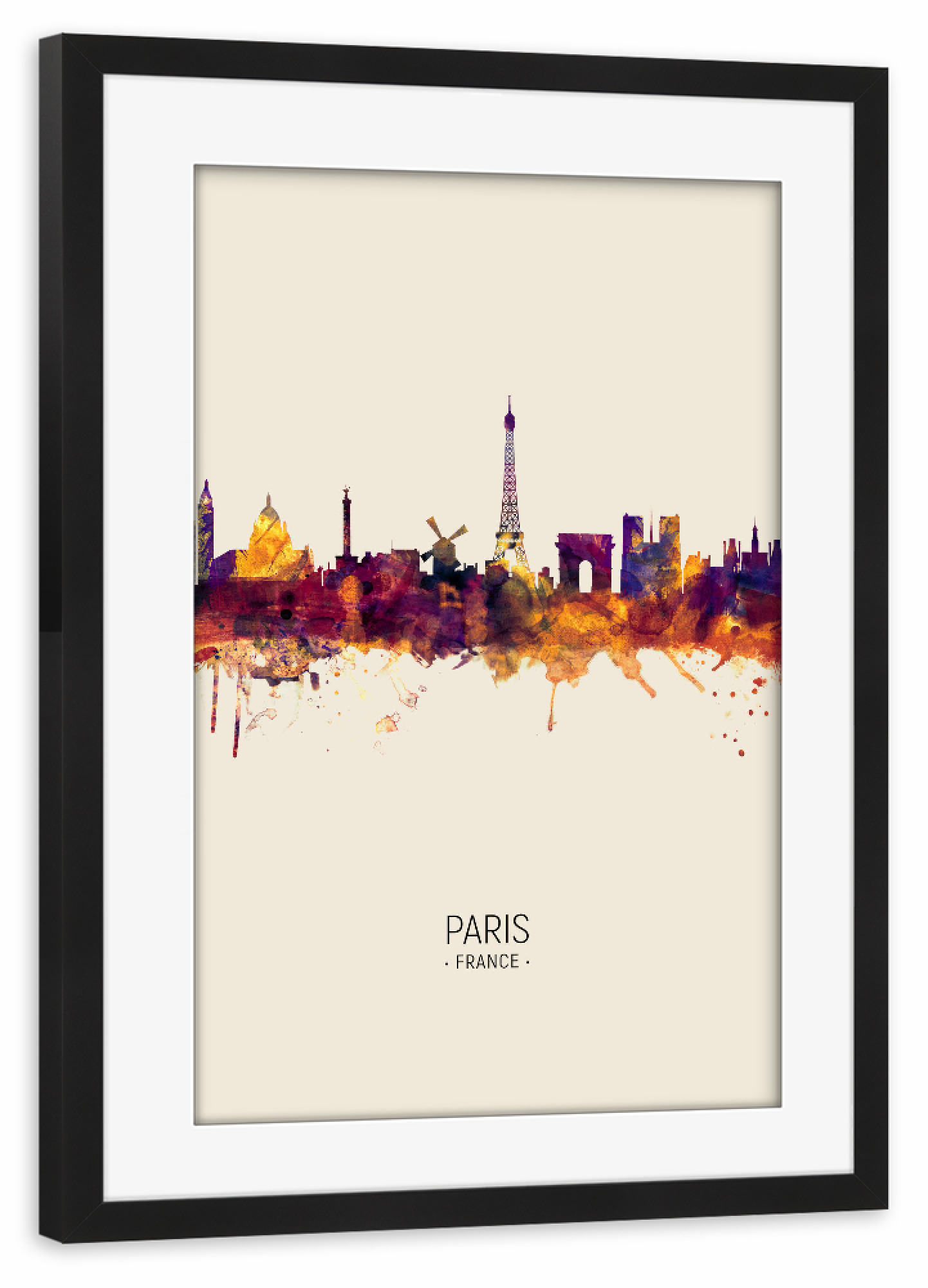 Poster mit Rahmen schwarz "Paris Skyline Portrait Beige" artboxONE - Städte / Paris - Paris,France,Skyline,Cityscape,Painting,Watercolour,Stadtbild