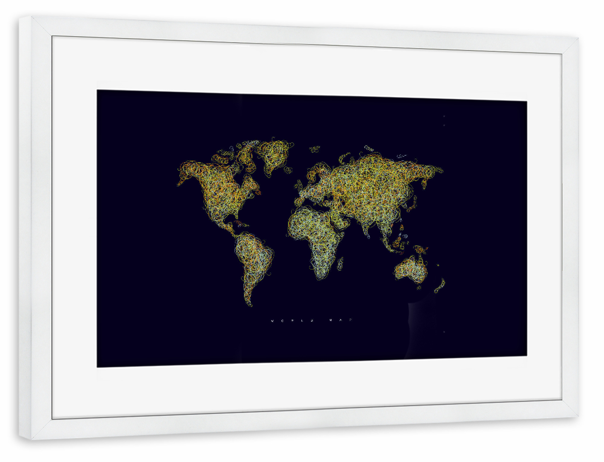 Poster mit Rahmen weiß "World map tangle lines orange" artboxONE - Reise,Kartografie - Map,World,World map,Earth,Elements,Pen,Line