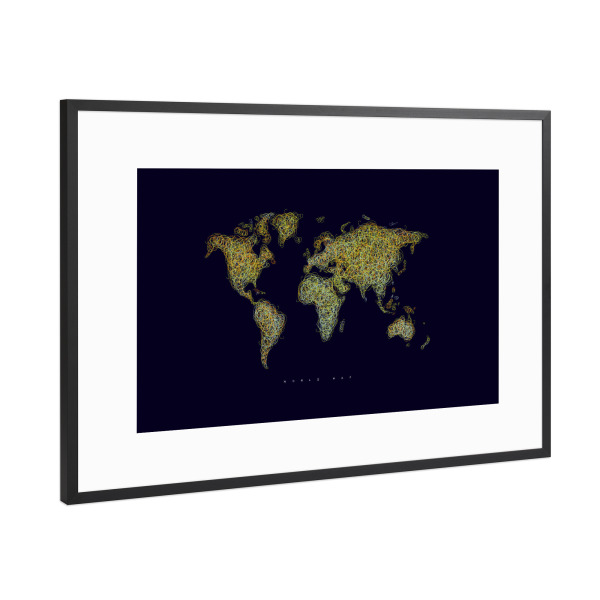 Poster mit Rahmen Schwarz (Metallic) "World map tangle lines orange" artboxONE - Reise,Kartografie - Map,World,World map,Earth,Elements,Pen,Line