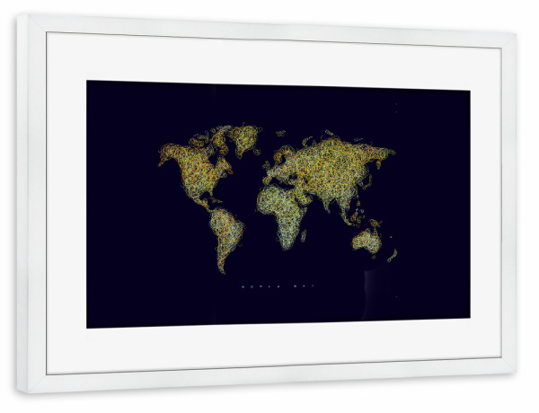 Poster mit Rahmen weiß "World map tangle lines orange" artboxONE - Reise,Kartografie - Map,World,World map,Earth,Elements,Pen,Line