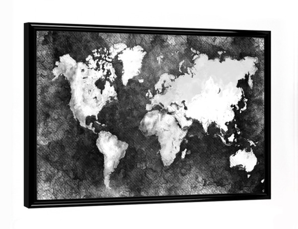 Poster mit schwarzem Rahmen "World map black white" artboxONE - Reise,Schwarzweiß,Kartografie