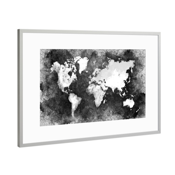 Poster mit Rahmen Silber "World map black white" artboxONE - Reise,Schwarzweiß,Kartografie