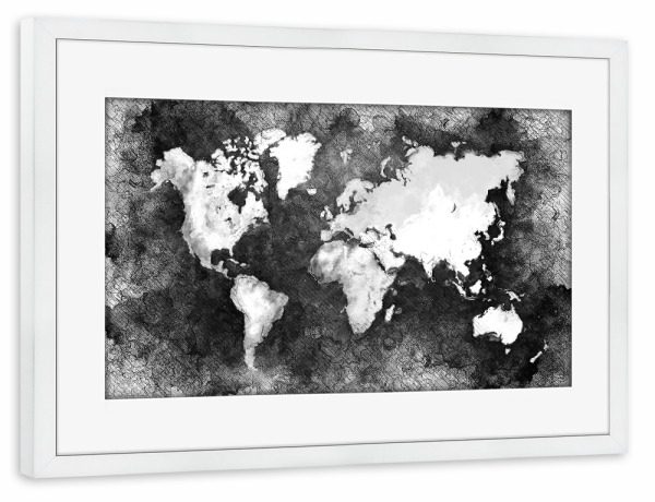 Poster mit Rahmen weiß "World map black white" artboxONE - Reise,Schwarzweiß,Kartografie