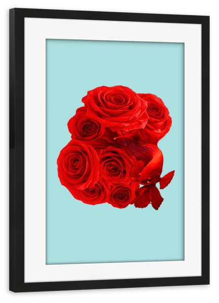 Poster mit Rahmen schwarz "ROSE FISH" artboxONE - Floral - Rose,Flower,Love,Fish,Abstract,Surreal,Pop art,Contemporary art,Betta