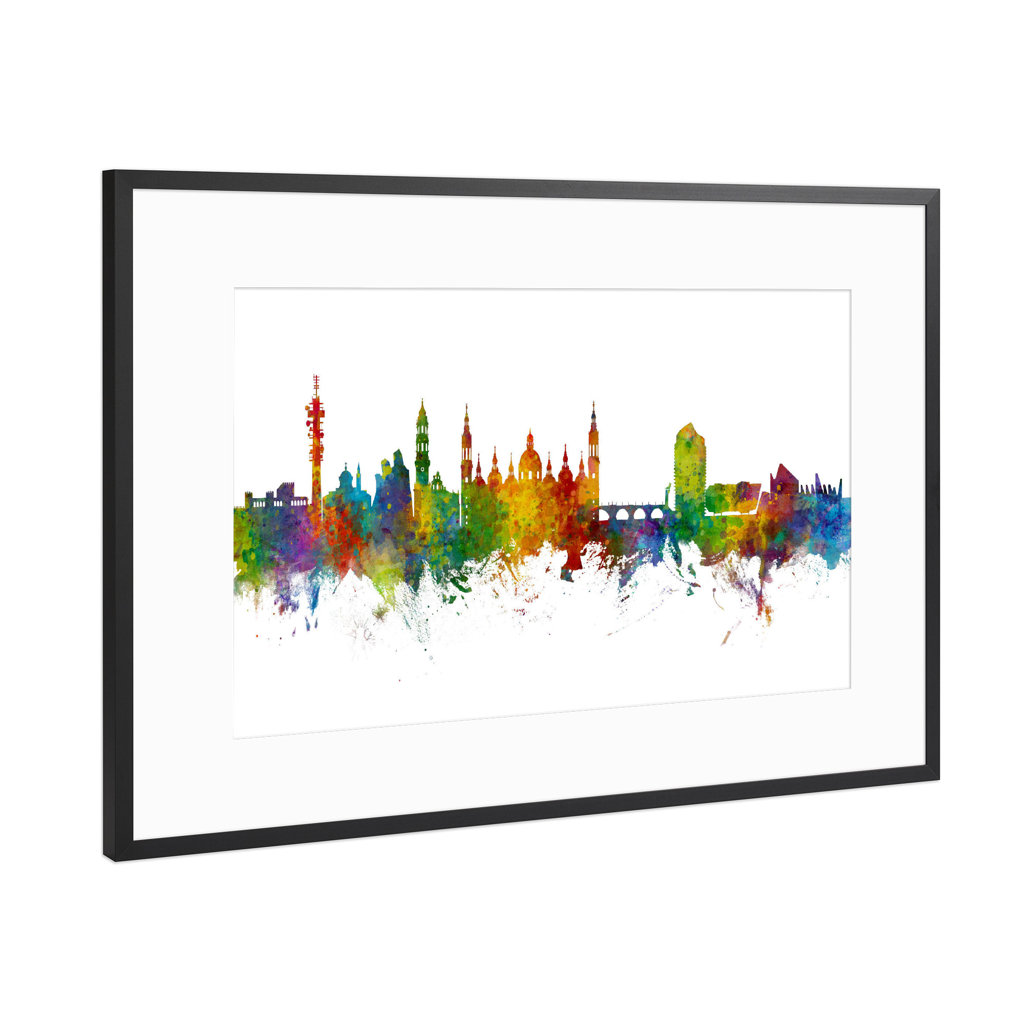 Poster mit Rahmen Schwarz (Metallic) "Zaragoza Spain Skyline" artboxONE - Städte - Zaragoza,Spain,Skyline,Cityscape,Painting,Watercolour,Stadtbild