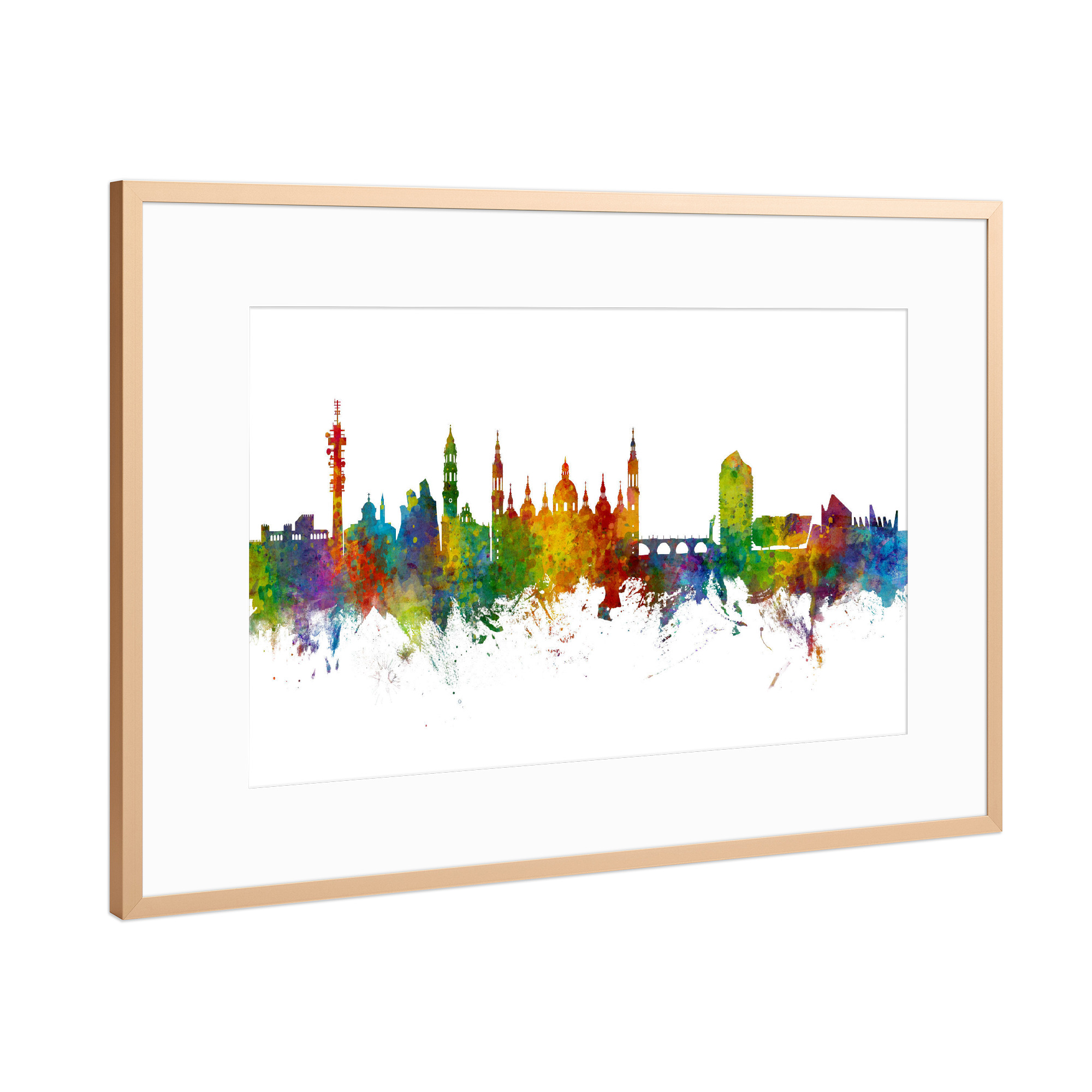 Poster mit Rahmen Kupfer "Zaragoza Spain Skyline" artboxONE - Städte - Zaragoza,Spain,Skyline,Cityscape,Painting,Watercolour,Stadtbild
