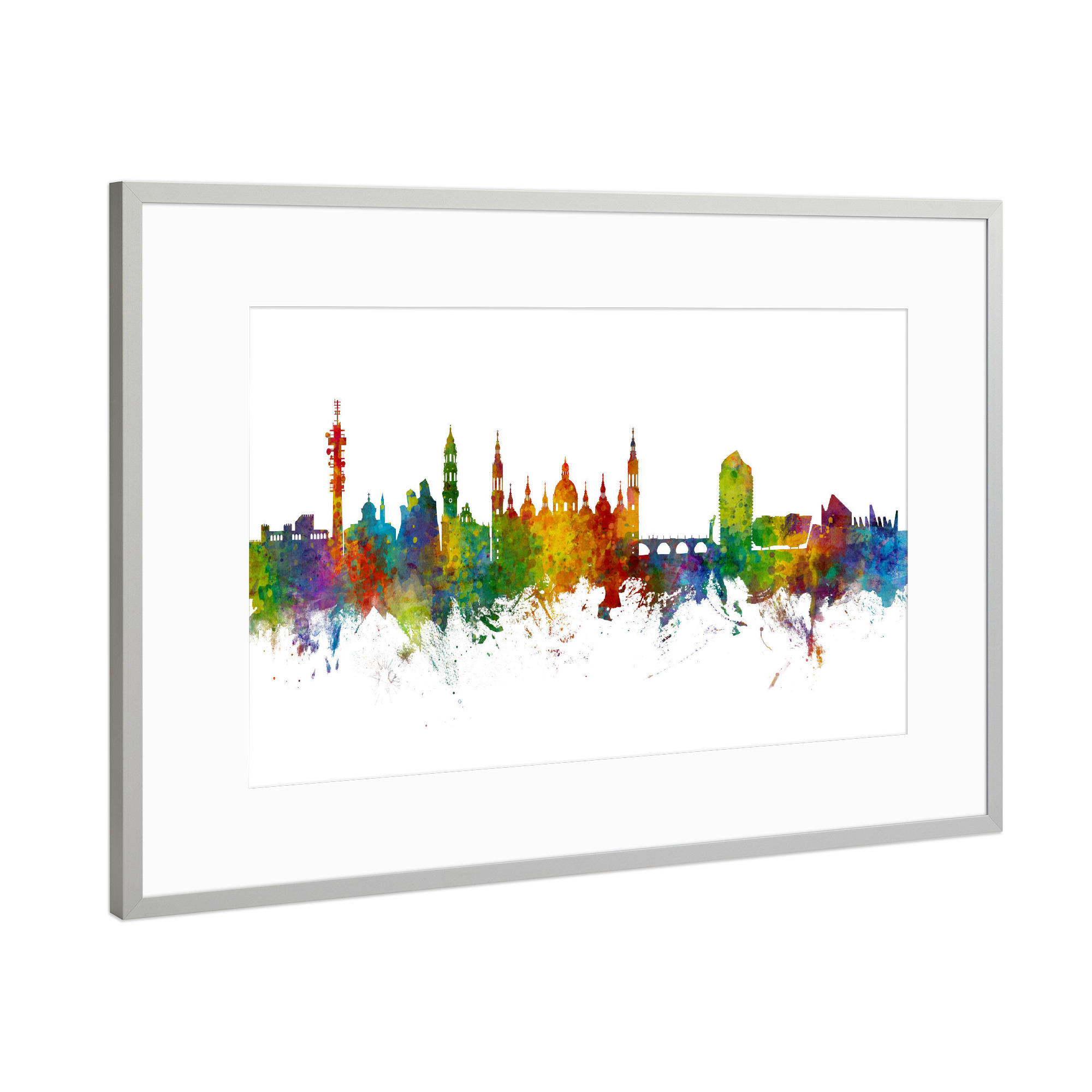 Poster mit Rahmen Silber "Zaragoza Spain Skyline" artboxONE - Städte - Zaragoza,Spain,Skyline,Cityscape,Painting,Watercolour,Stadtbild