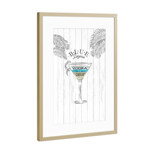 Poster mit Rahmen Gold "Blue lagoon cocktail wood" artboxONE - Essen & Trinken / Alkohol