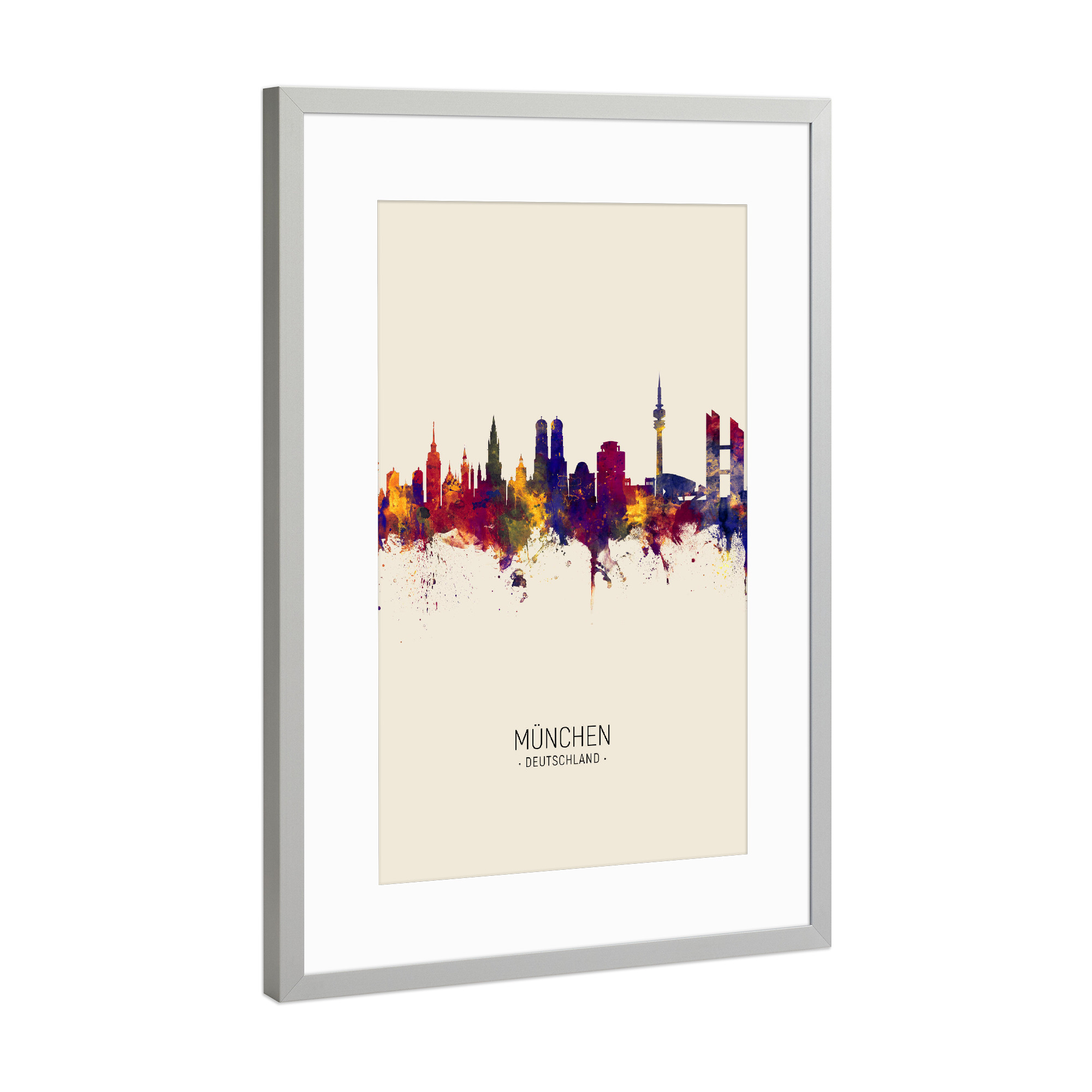 Poster mit Rahmen Silber "Munich Germany Skyline Beige" artboxONE - Städte / München - Munich,Germany,Skyline,Cityscape,Painting,Watercolour,Stadtbild