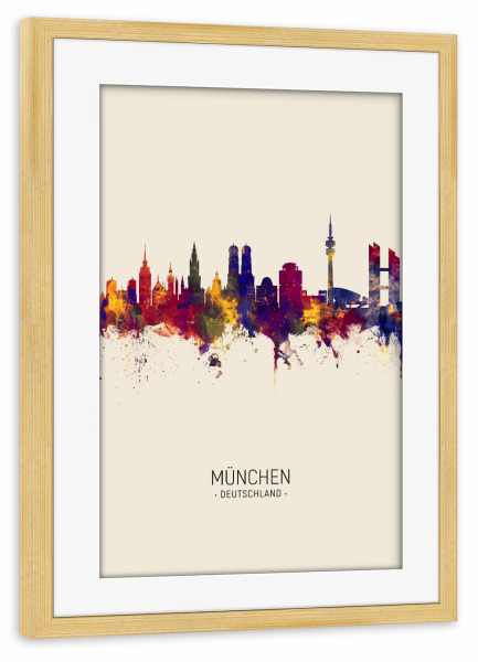 Poster mit Rahmen kiefer "Munich Germany Skyline Beige" artboxONE - Städte / München - Munich,Germany,Skyline,Cityscape,Painting,Watercolour,Stadtbild