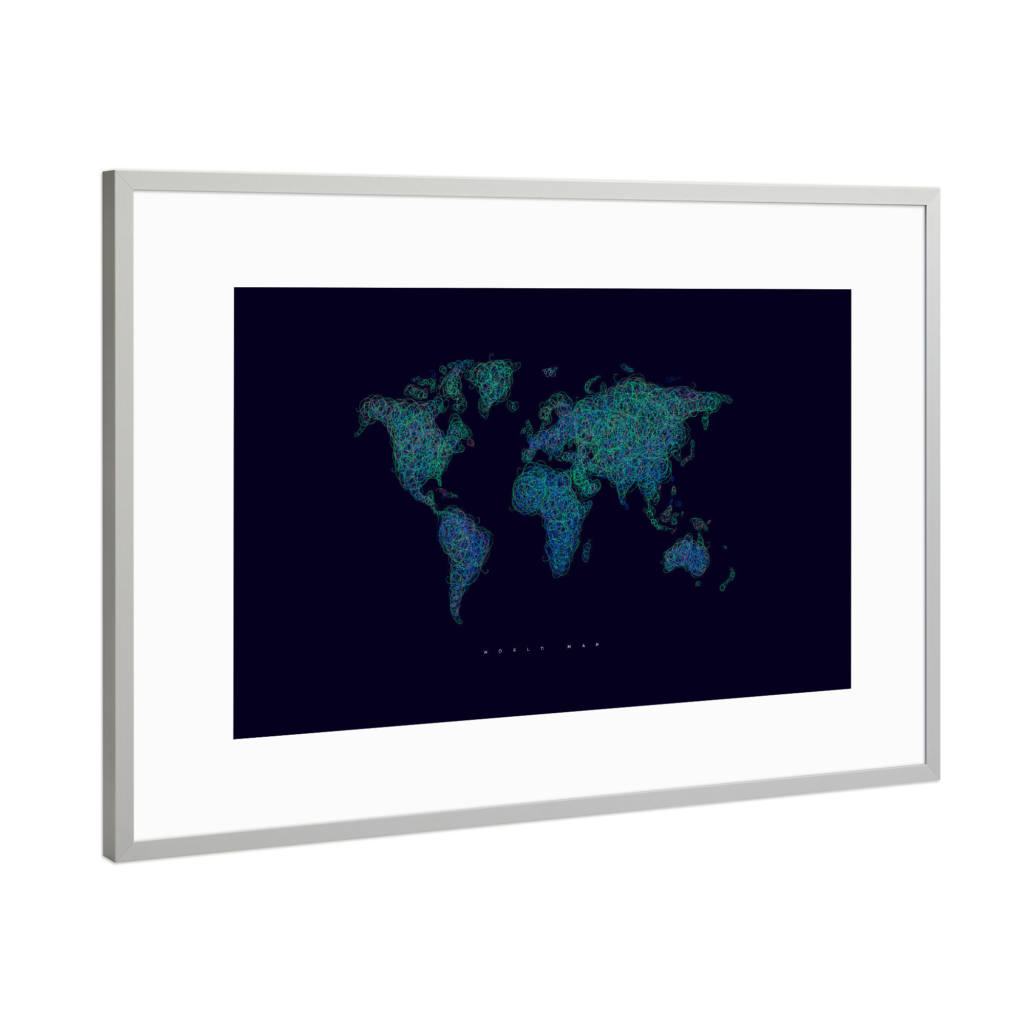 Poster mit Rahmen Silber "World map tangle line blue dark" artboxONE - Reise,Kartografie
