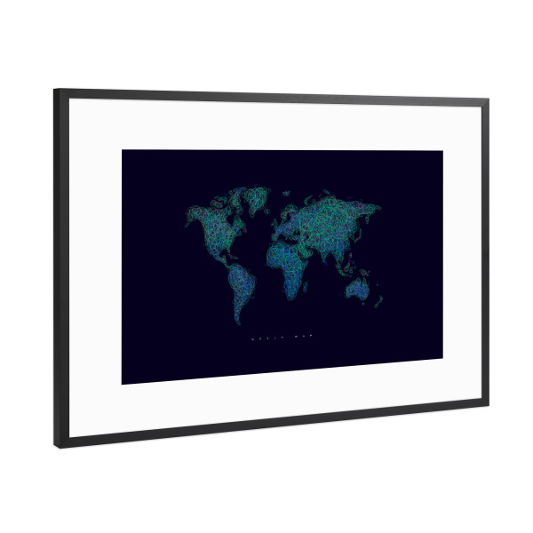 Poster mit Rahmen Schwarz (Metallic) "World map tangle line blue dark" artboxONE - Reise,Kartografie