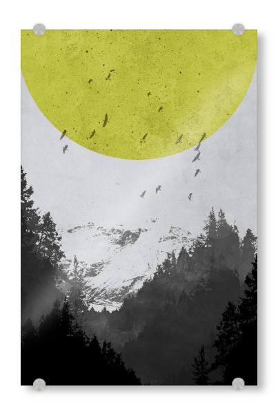 Acrylglasbild "Wald Mond Gelb" artboxONE - Geometrie - Berg,Wald,Landschaft,Mond,Gelb,Vögel,Natur,Skandinavisch,Abstrakt