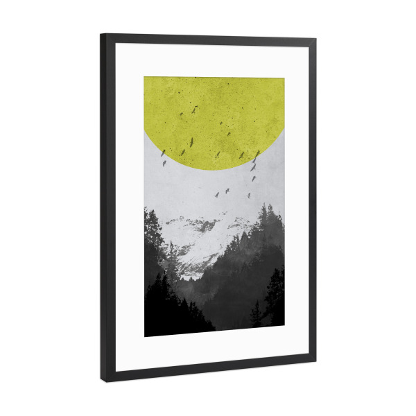 Poster mit Rahmen Schwarz (Metallic) "Wald Mond Gelb" artboxONE - Geometrie - Berg,Wald,Landschaft,Mond,Gelb,Vögel,Natur,Skandinavisch,Abstrakt