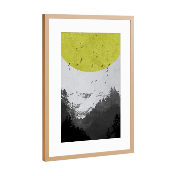 Poster mit Rahmen Kupfer "Wald Mond Gelb" artboxONE - Geometrie - Berg,Wald,Landschaft,Mond,Gelb,Vögel,Natur,Skandinavisch,Abstrakt