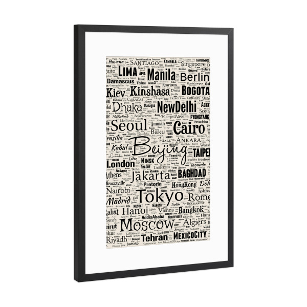 Poster mit Rahmen Schwarz (Metallic) "Capital Cities Typography" artboxONE - Städte,Typografie,Reise,Schwarzweiß