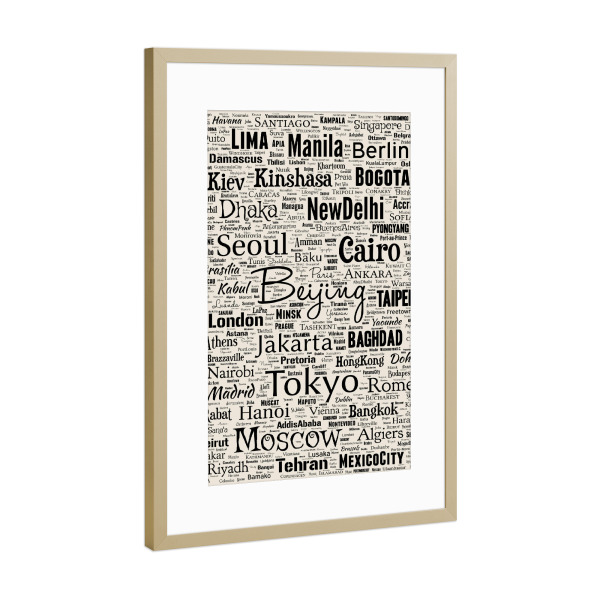 Poster mit Rahmen Gold "Capital Cities Typography" artboxONE - Städte,Typografie,Reise,Schwarzweiß - Cities,Typography captial cities,Capitals