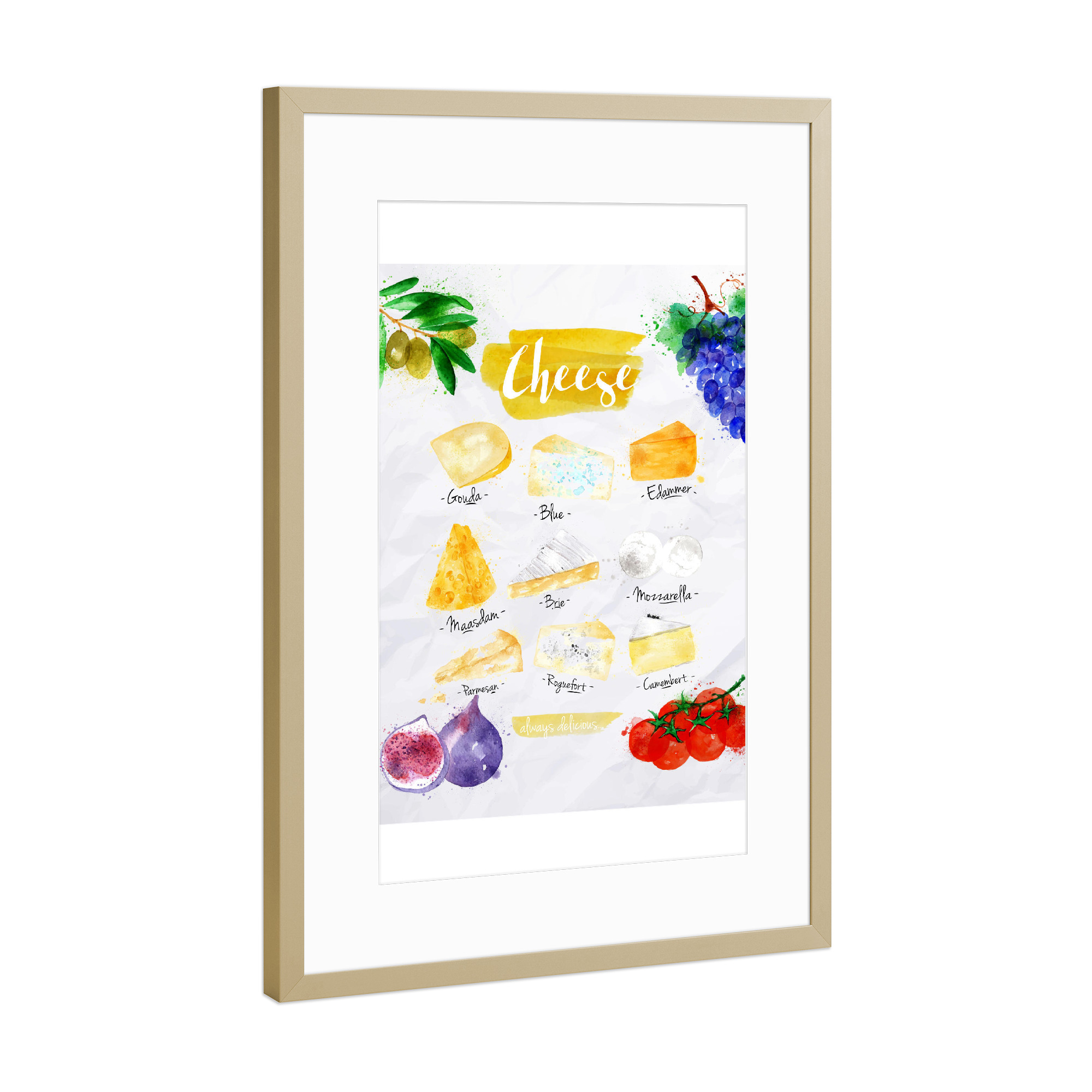 Poster mit Rahmen Gold "Cheese watercolor" artboxONE - Essen & Trinken
