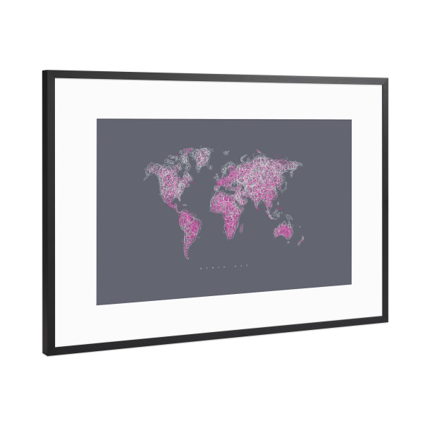Poster mit Rahmen Schwarz (Metallic) "World map tangle lines purple grey" artboxONE - Reise,Kartografie