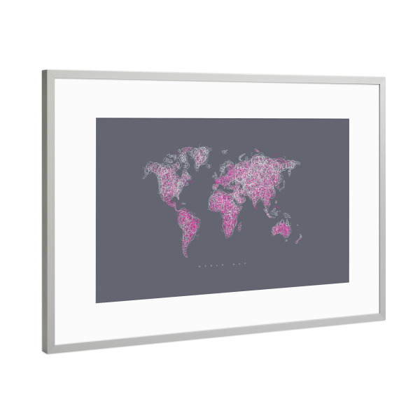 Poster mit Rahmen Silber "World map tangle lines purple grey" artboxONE - Reise,Kartografie
