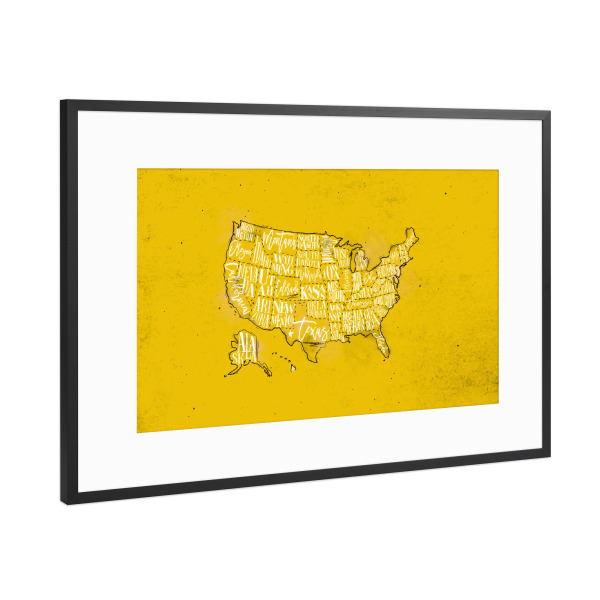 Poster mit Rahmen Schwarz (Metallic) "Map USA vintage yellow" artboxONE - Reise,Kartografie