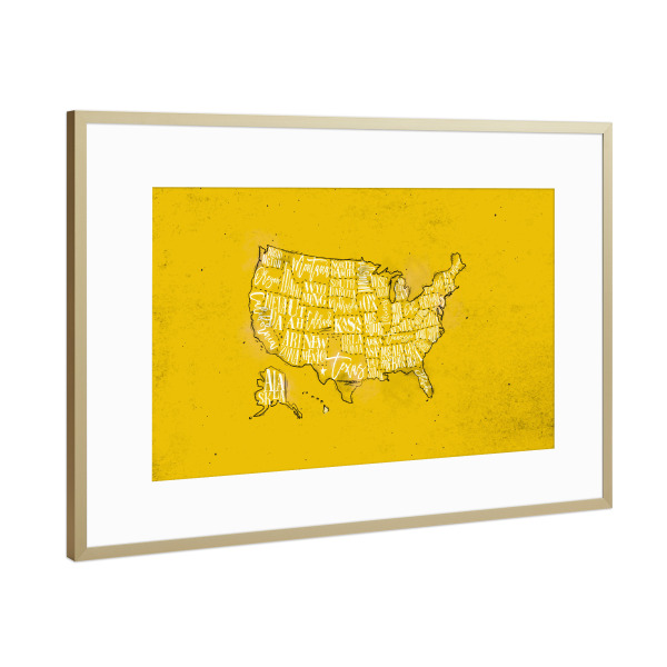 Poster mit Rahmen Gold "Map USA vintage yellow" artboxONE - Reise,Kartografie