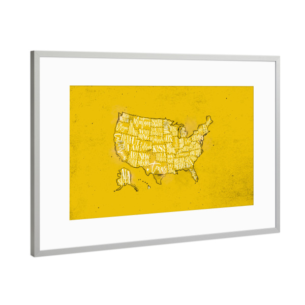 Poster mit Rahmen Silber "Map USA vintage yellow" artboxONE - Reise,Kartografie