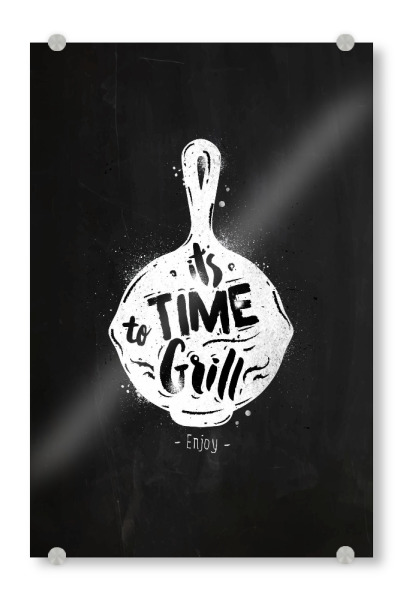 Acrylglasbild "Grill pan chalk" artboxONE - Essen & Trinken,Schwarzweiß - Chalkboard,Graphic,Lettering,Retro,Vintage,Symbol,Pan,Grill,Food