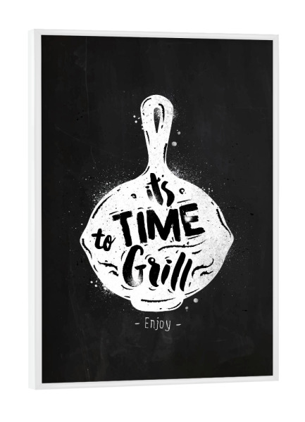 Poster mit weißem Rahmen "Grill pan chalk" artboxONE - Essen & Trinken,Schwarzweiß - Chalkboard,Graphic,Lettering,Retro,Vintage,Symbol,Pan,Grill,Food
