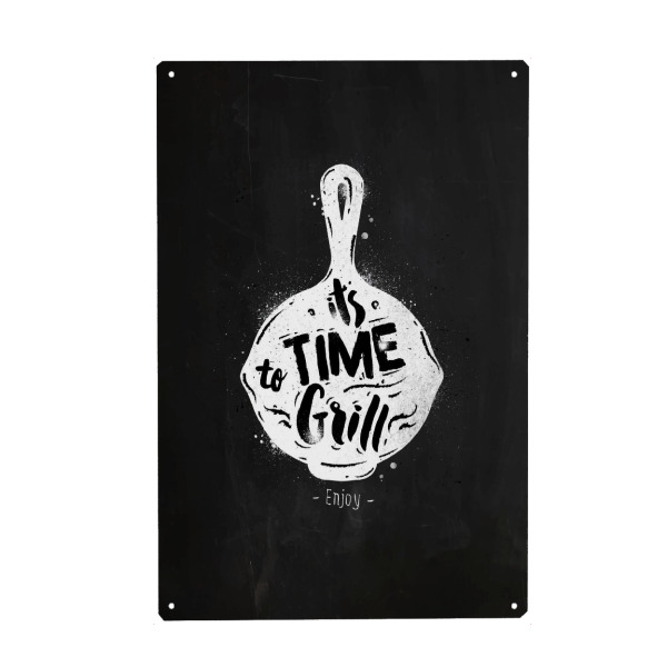 Metall Poster "Grill pan chalk" artboxONE - Essen & Trinken,Schwarzweiß - Chalkboard,Graphic,Lettering,Retro,Vintage,Symbol,Pan,Grill,Food