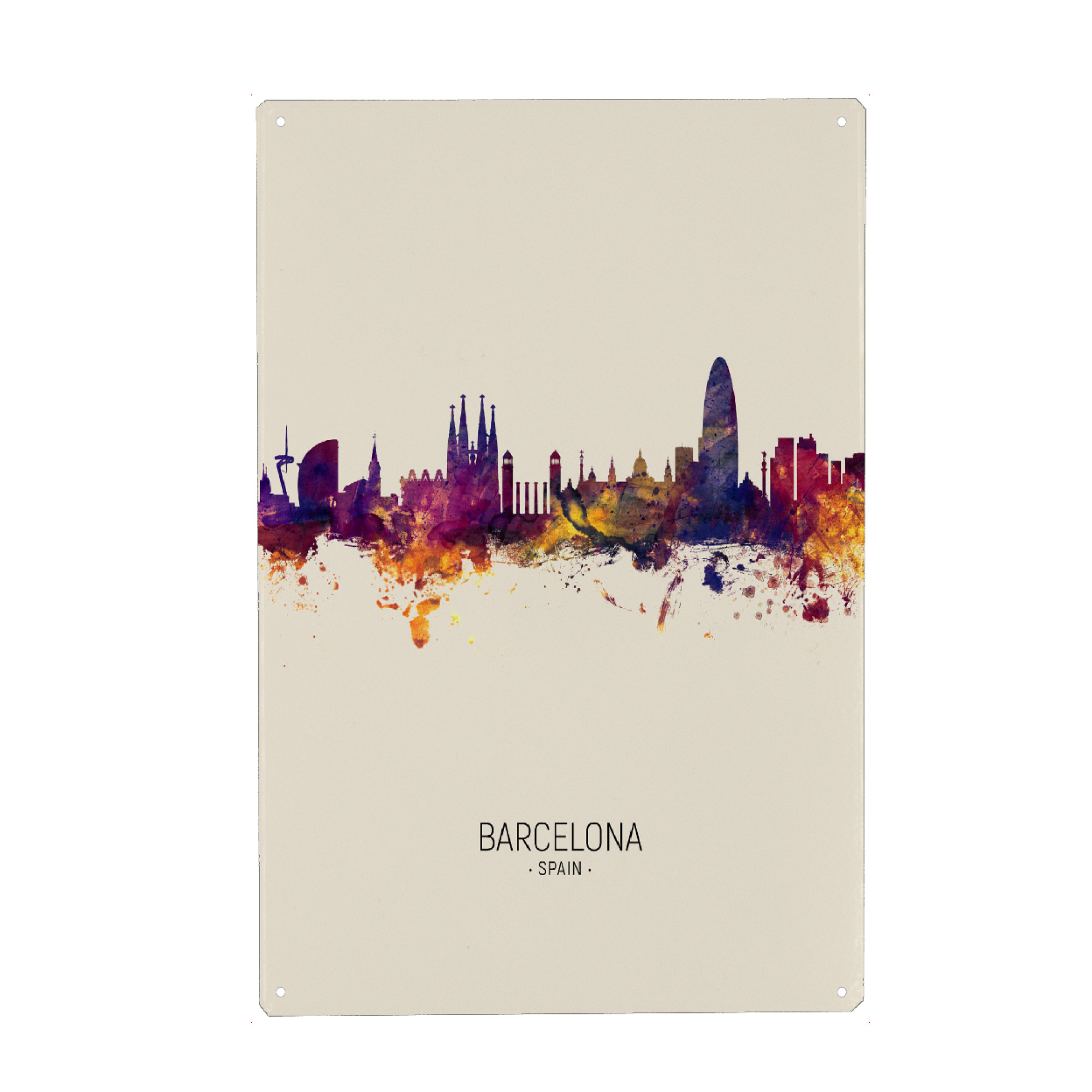 Metall Poster "Barcelona Spain Skyline Beige" artboxONE - Städte / Barcelona - Barcelona,Spain,Skyline,Cityscape,Painting,Watercolour,Stadtbild