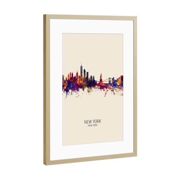 Poster mit Rahmen Gold "New York Skyline Portrait Beige" artboxONE - Städte / New York - New york,Skyline,Cityscape,Painting,Watercolour,Stadtbild