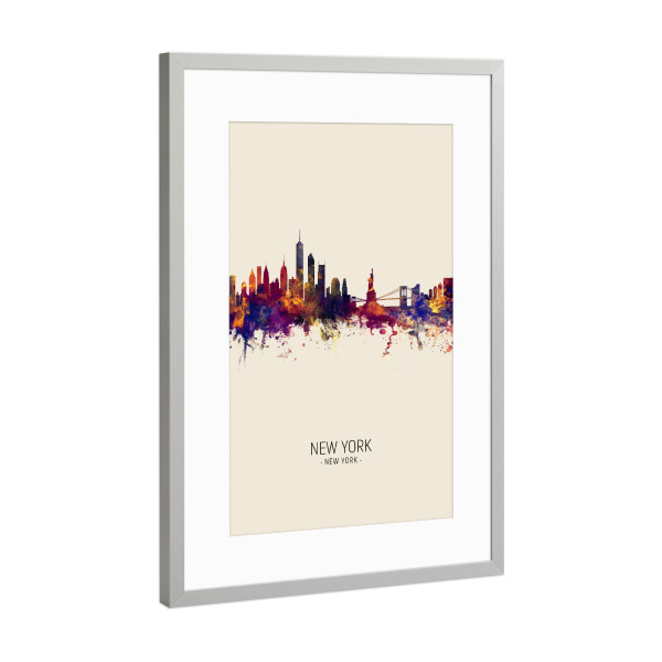 Poster mit Rahmen Silber "New York Skyline Portrait Beige" artboxONE - Städte / New York - New york,Skyline,Cityscape,Painting,Watercolour,Stadtbild