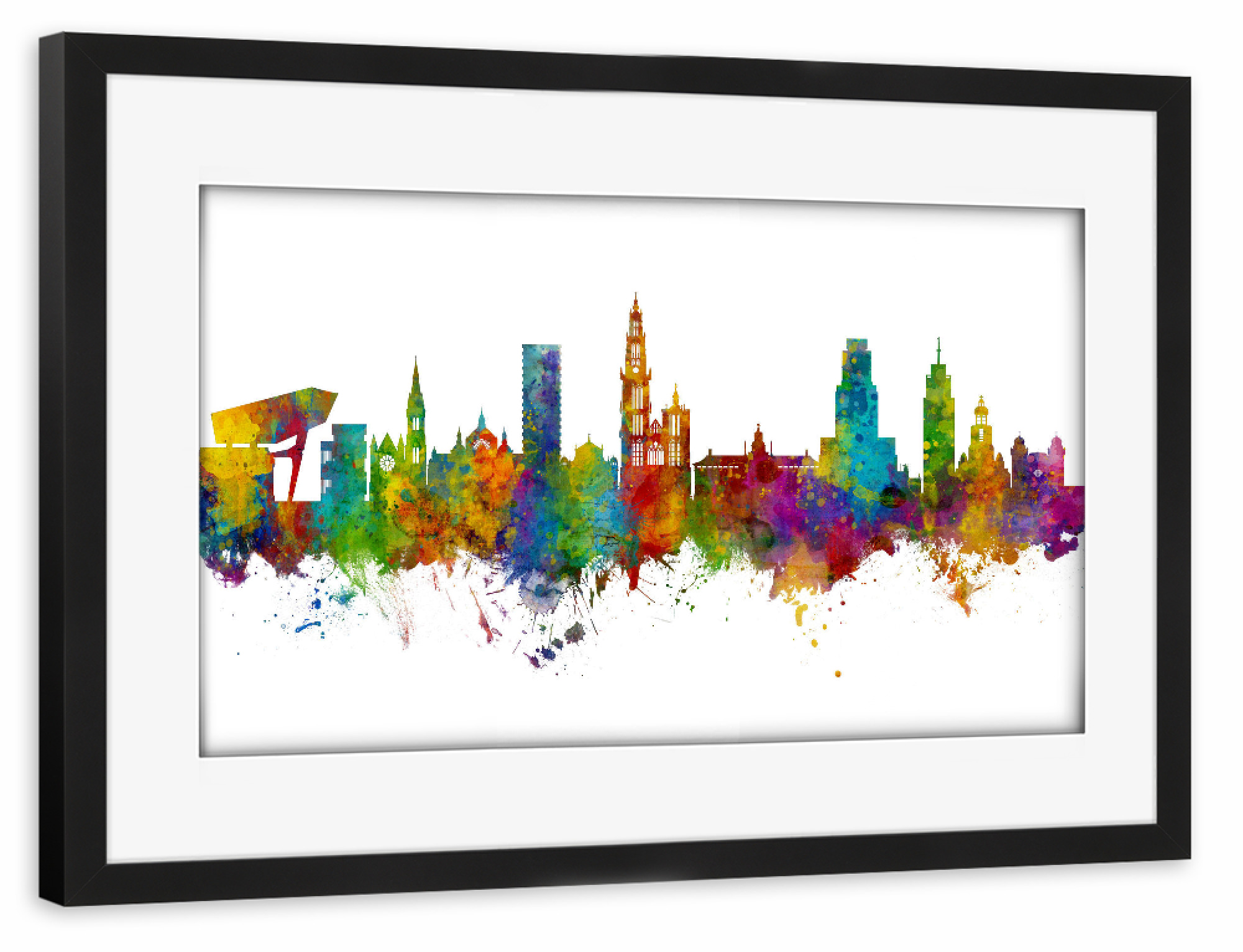 Poster mit Rahmen schwarz "Antwerp Belgium Skyline" artboxONE - Städte - Antwerp,Belgium,Skyline,Cityscape,Painting,Watercolour,Stadtbild
