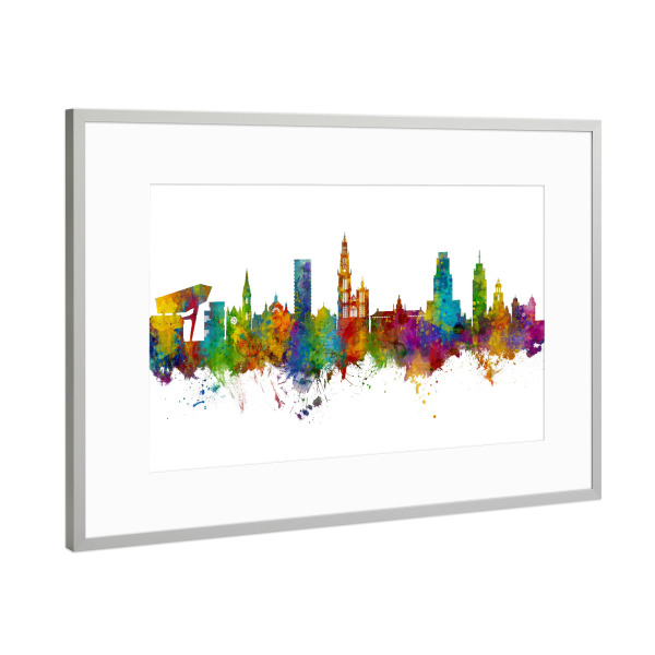Poster mit Rahmen Silber "Antwerp Belgium Skyline" artboxONE - Städte - Antwerp,Belgium,Skyline,Cityscape,Painting,Watercolour,Stadtbild