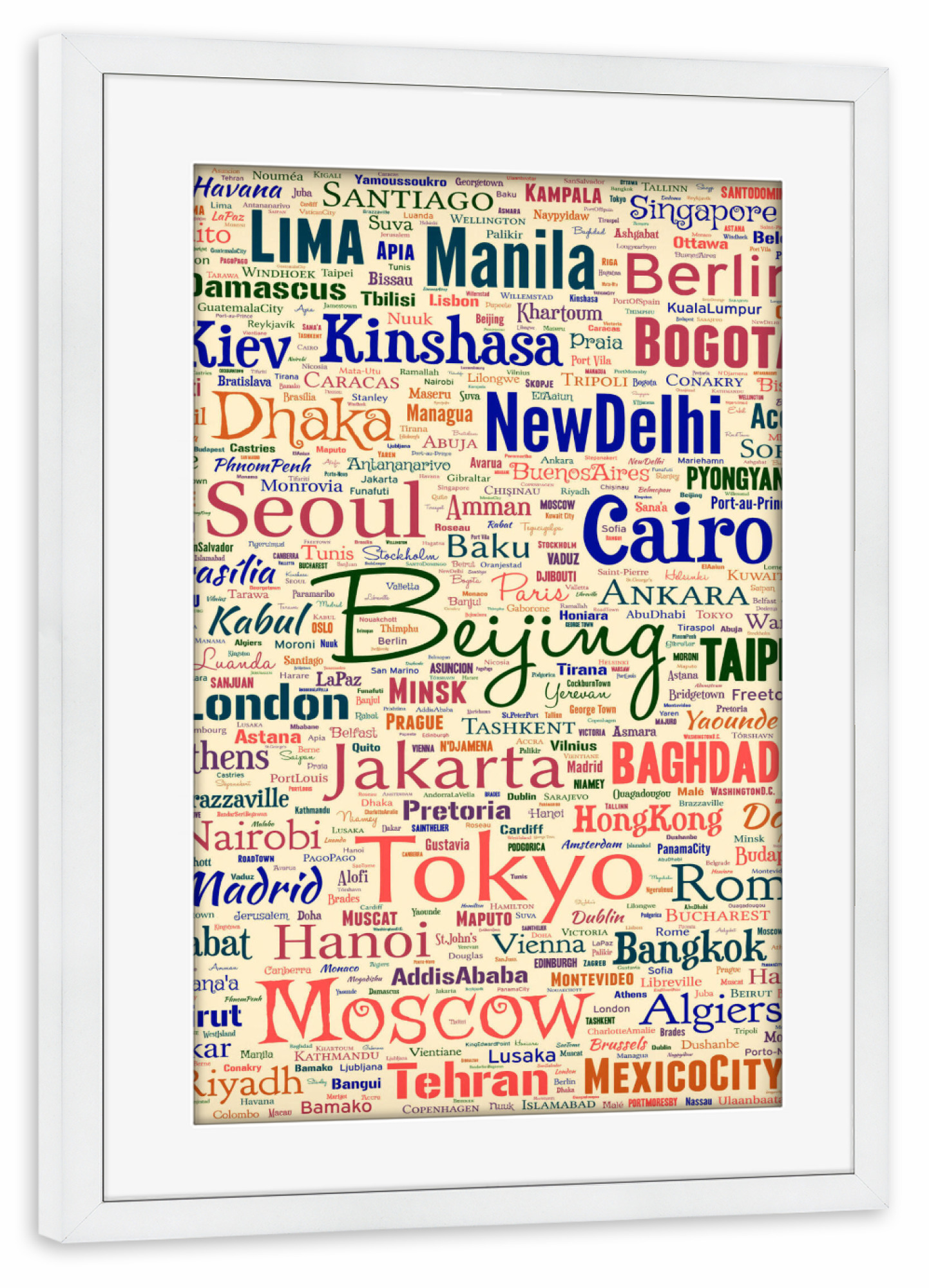 Poster mit Rahmen weiß "Capital Cities World Color" artboxONE - Städte,Typografie,Reise - Cities,Worl cities,Typography,Color