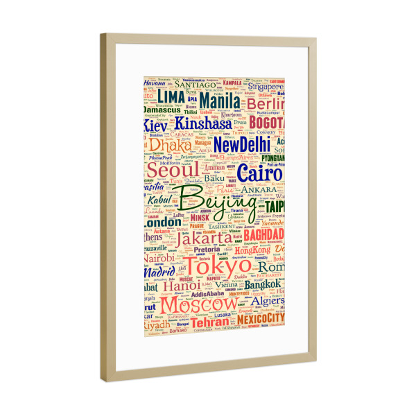 Poster mit Rahmen Gold "Capital Cities World Color" artboxONE - Städte,Typografie,Reise - Cities,Worl cities,Typography,Color