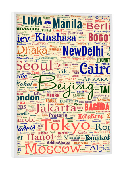 Poster mit weißem Rahmen "Capital Cities World Color" artboxONE - Städte,Typografie,Reise - Cities,Worl cities,Typography,Color