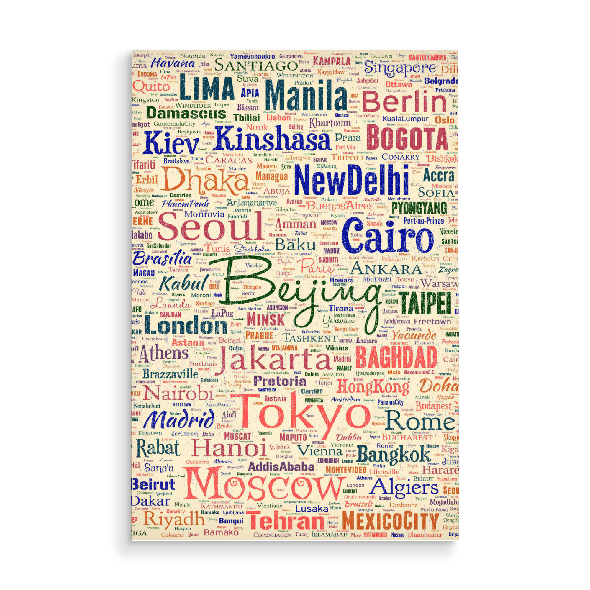 Holzbild "Capital Cities World Color" artboxONE - Städte,Typografie,Reise - Cities,Worl cities,Typography,Color
