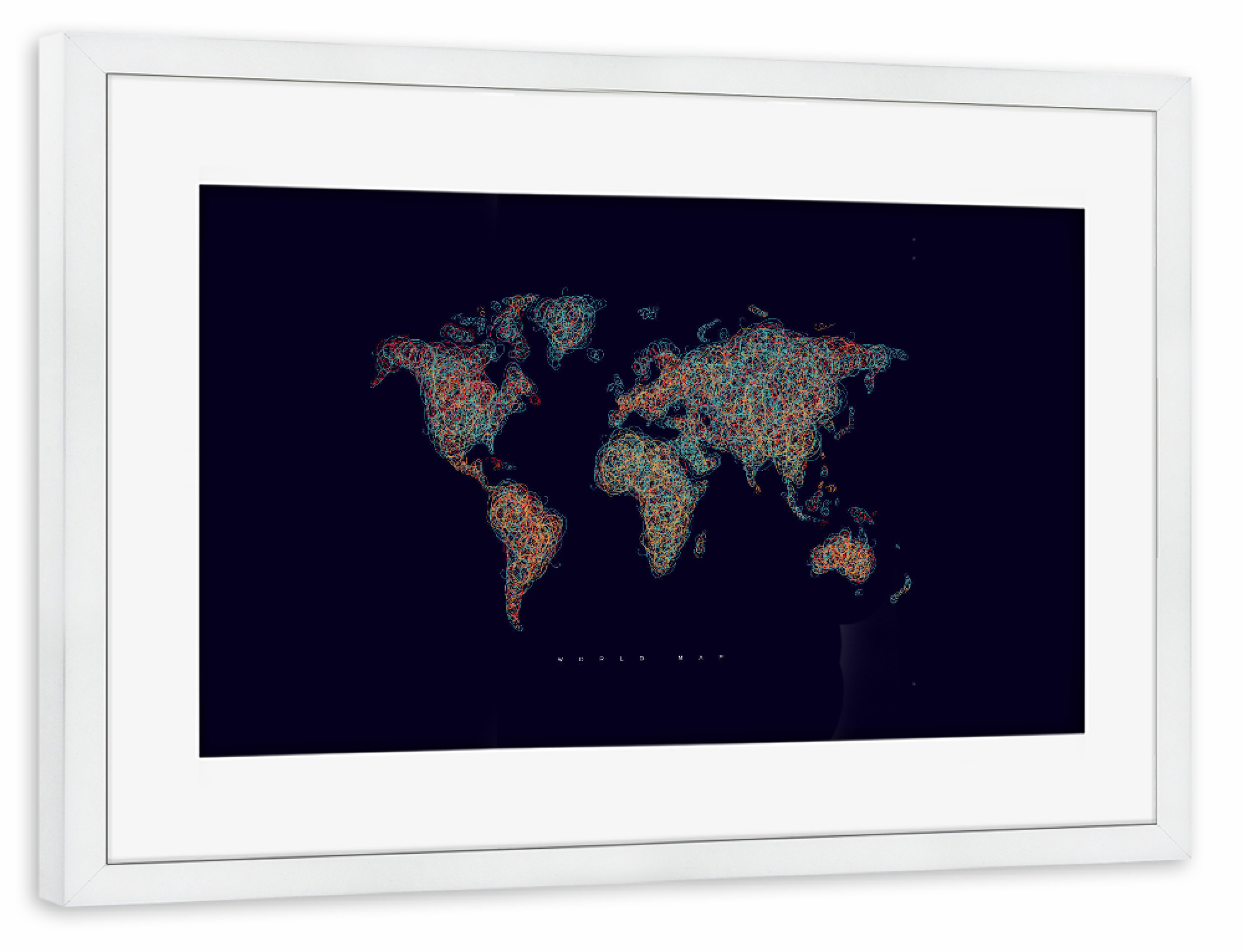 Poster mit Rahmen weiß "World map tangle line red dark" artboxONE - Kartografie