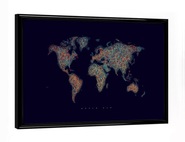 Poster mit schwarzem Rahmen "World map tangle line red dark" artboxONE - Kartografie