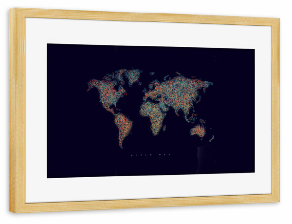 Poster mit Rahmen kiefer "World map tangle line red dark" artboxONE - Kartografie