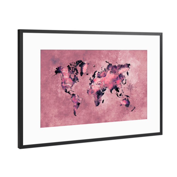 Poster mit Rahmen Schwarz (Metallic) "World map coral red" artboxONE - Reise,Kartografie