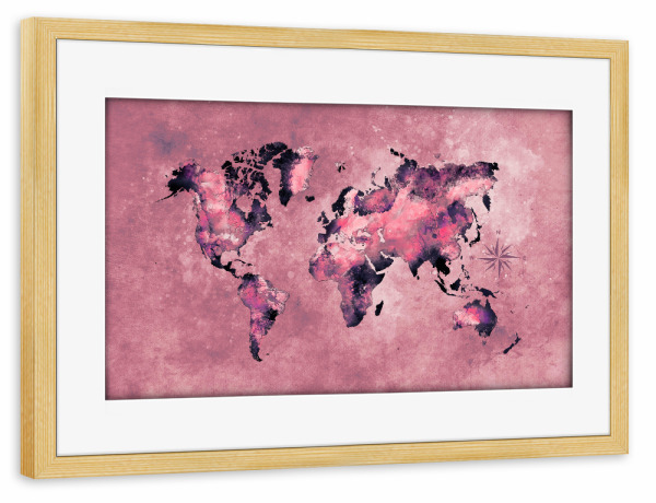 Poster mit Rahmen kiefer "World map coral red" artboxONE - Reise,Kartografie