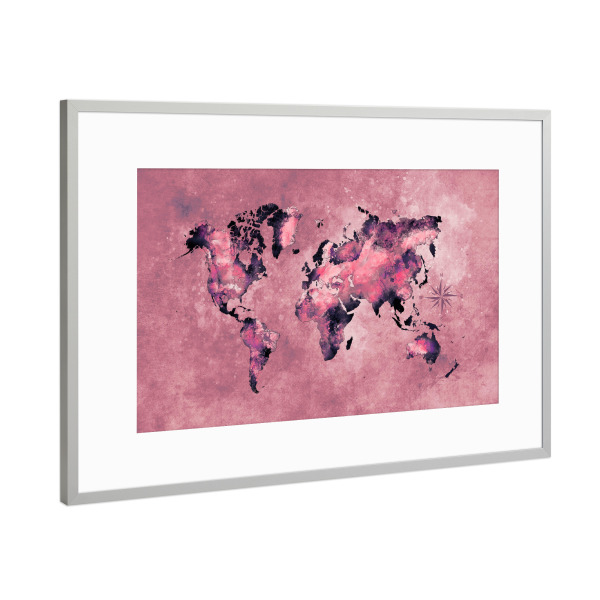 Poster mit Rahmen Silber "World map coral red" artboxONE - Reise,Kartografie
